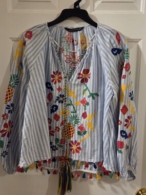 Zara Light Blue & White Striped Embroidered Tunic with Multicolor Tassels